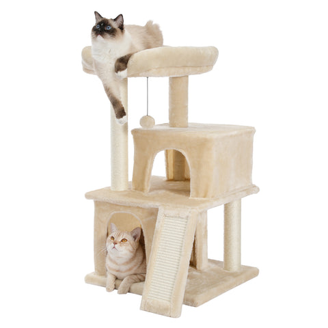 Modern Small Cat Tree Cat Tower With Double Condos Spacious Perch Sisal Scratching Posts，Climbing Ladder and Replaceable Dangling Balls Beige - TOYSHIP