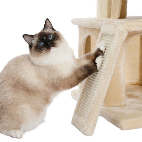 Modern Small Cat Tree Cat Tower With Double Condos Spacious Perch Sisal Scratching Posts，Climbing Ladder and Replaceable Dangling Balls Beige