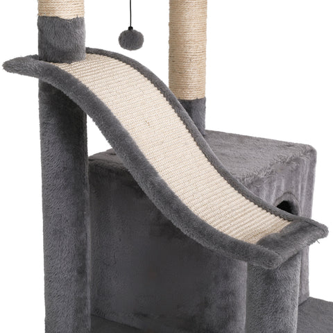 Grey Multi-Level Cat Tree Tower with Scratching Post, Removable Hammock, Slide, Two Platforms, Ideal for Large Cats