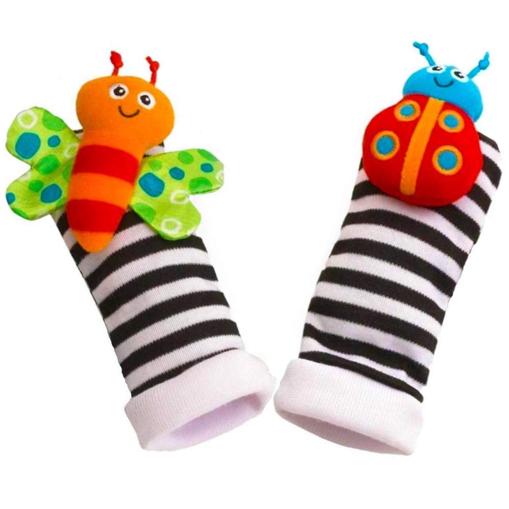 Cute Animal Soft Baby Socks Toys Wrist Rattles and Foot Finders for Fun Butterflies and Lady bugs Set 4 pcs
