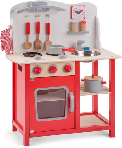 Red Wooden Pretend Play Toy Kitchen for Kids with Role Play Bon Appetit Included Accesoires