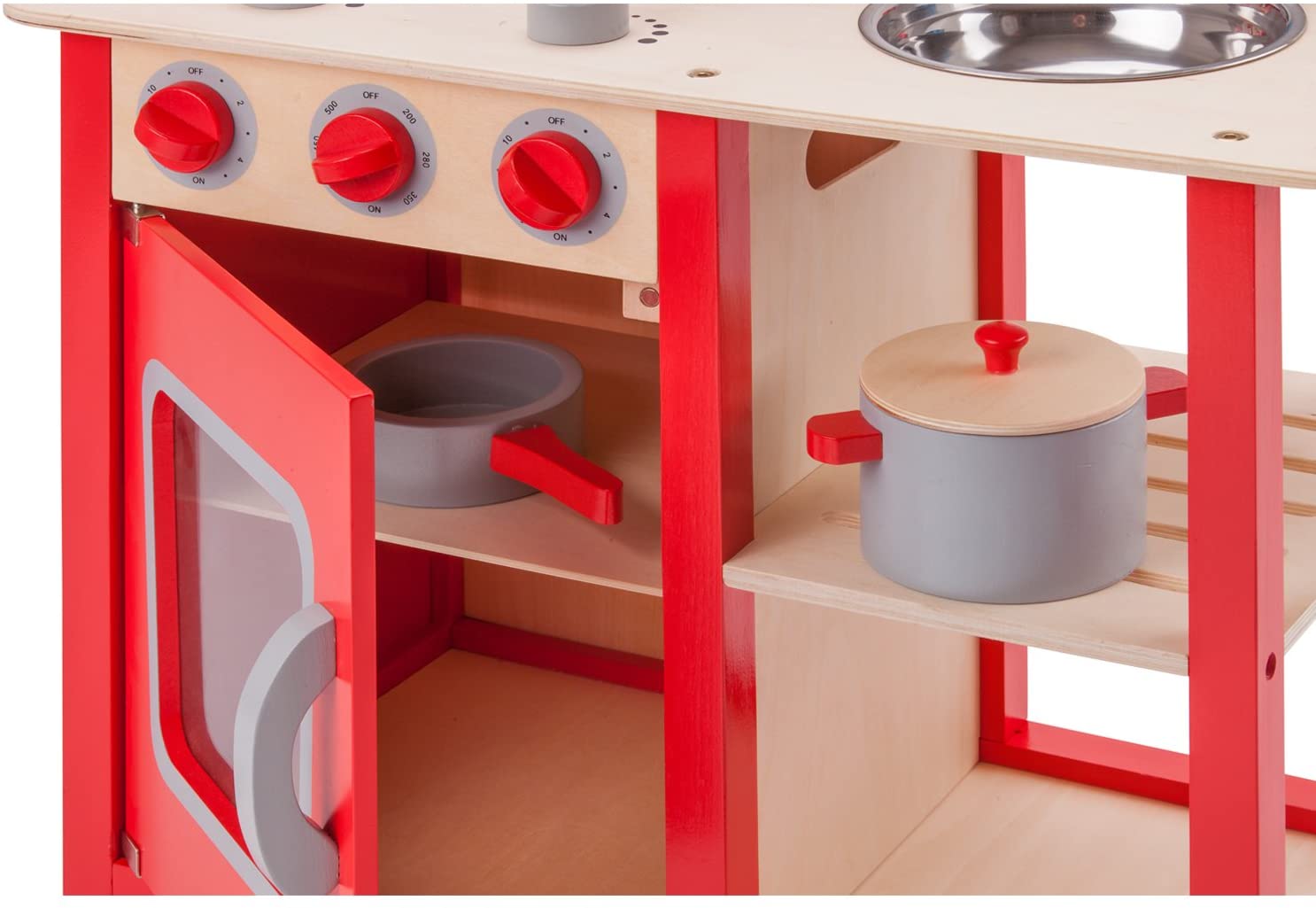 Red Wooden Pretend Play Toy Kitchen for Kids with Role Play Bon Appetit Included Accesoires
