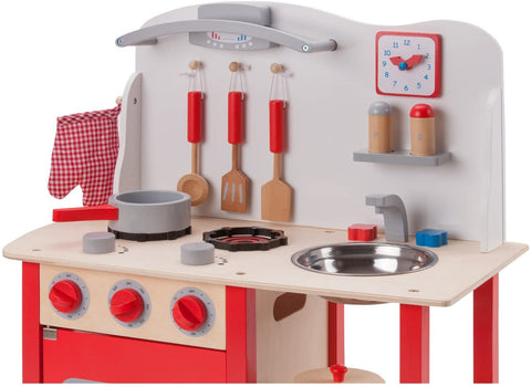Red Wooden Pretend Play Toy Kitchen for Kids with Role Play Bon Appetit Included Accesoires - TOYSHIP