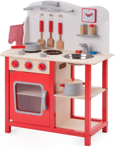 Red Wooden Pretend Play Toy Kitchen for Kids with Role Play Bon Appetit Included Accesoires - TOYSHIP