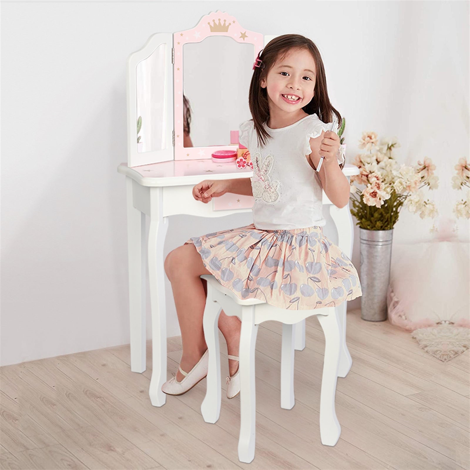 Kids Vanity Wooden Makeup Table and Chair Set