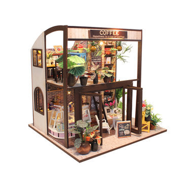 Handcraft DIY Doll House Time Cafe House Wooden Miniature Furniture LED Light Gift