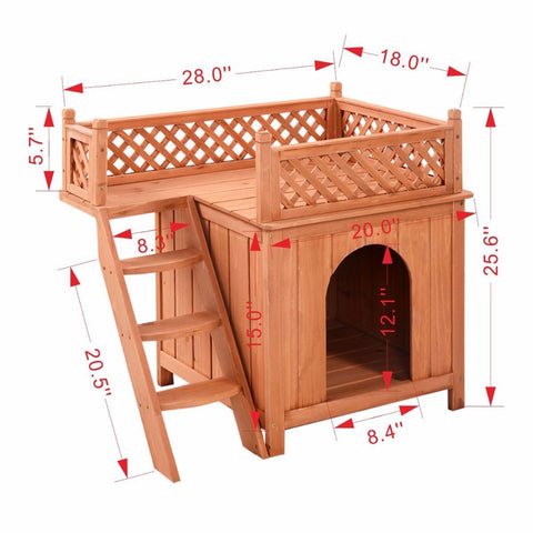 Wooden Dog House Wood Room In/Outdoor Raised Roof Balcony Bed Shelter - TOYSHIP