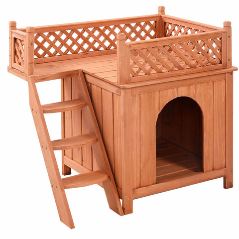 Wooden Dog House Wood Room In/Outdoor Raised Roof Balcony Bed Shelter