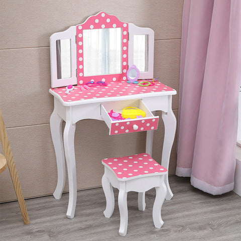 Vanity Table Set Makeup Dressing Table Kids Girls Stool Mirror with Drawer Pink - TOYSHIP