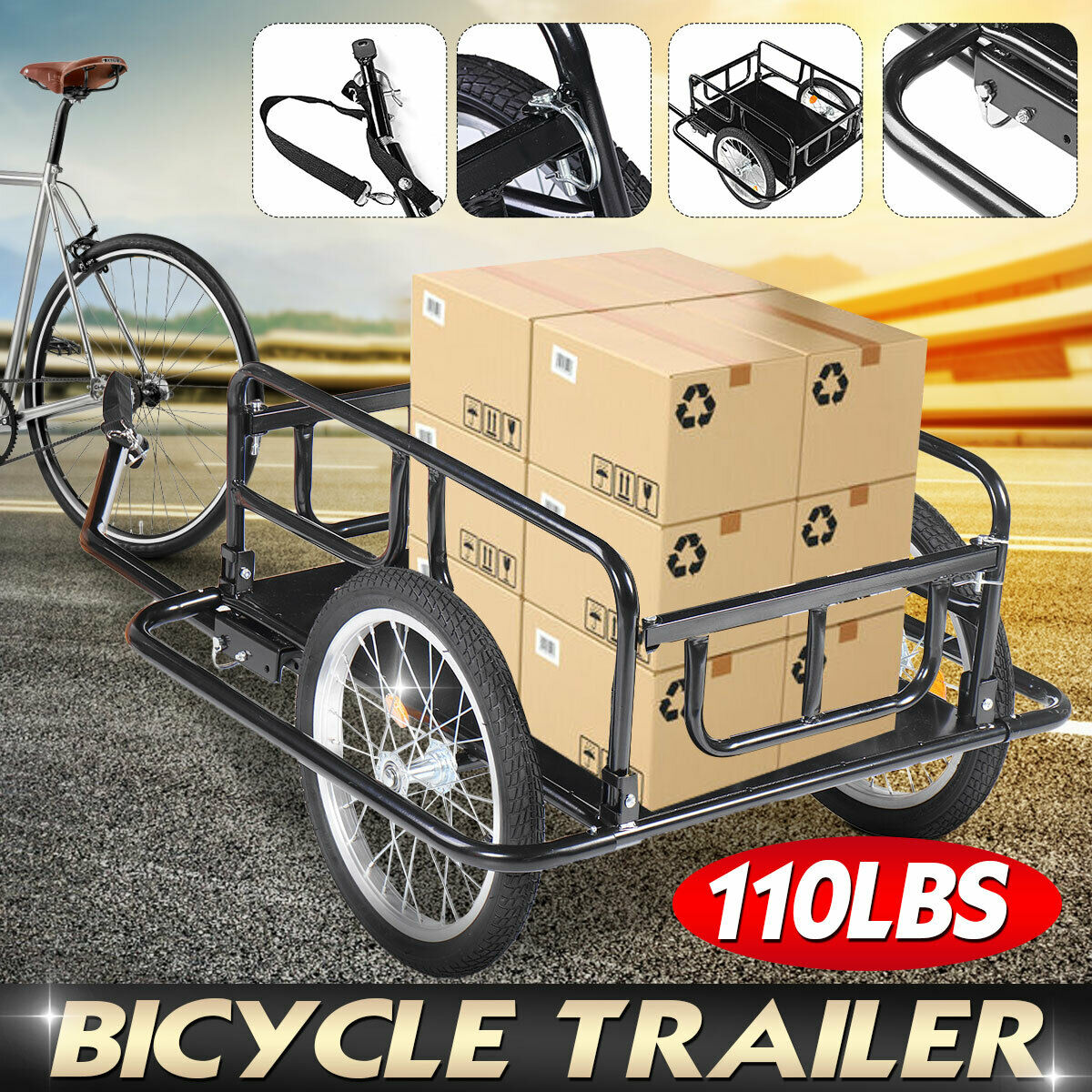 Folding Steel Frame Bicycle Bike Trailer Cargo Luggage Cart Carrier 110lb Hauler