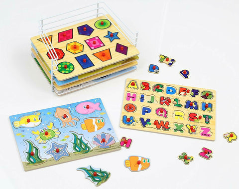 6-Pack Wooden Puzzles For Toddlers, Puzzle Rack, 6 Pack - TOYSHIP
