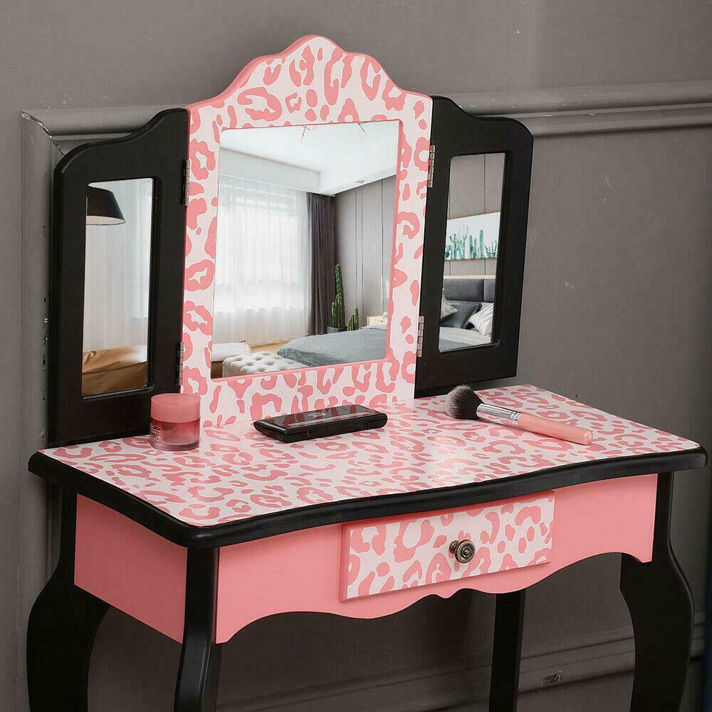 Kids Vanity Wooden Makeup Table Set for Girls Princess Three-Fold Mirror Dresser