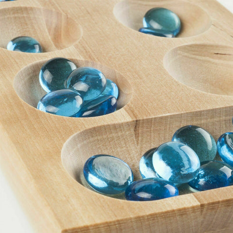 Folding Wooden Mancala Game with Blue Stones and Instructions