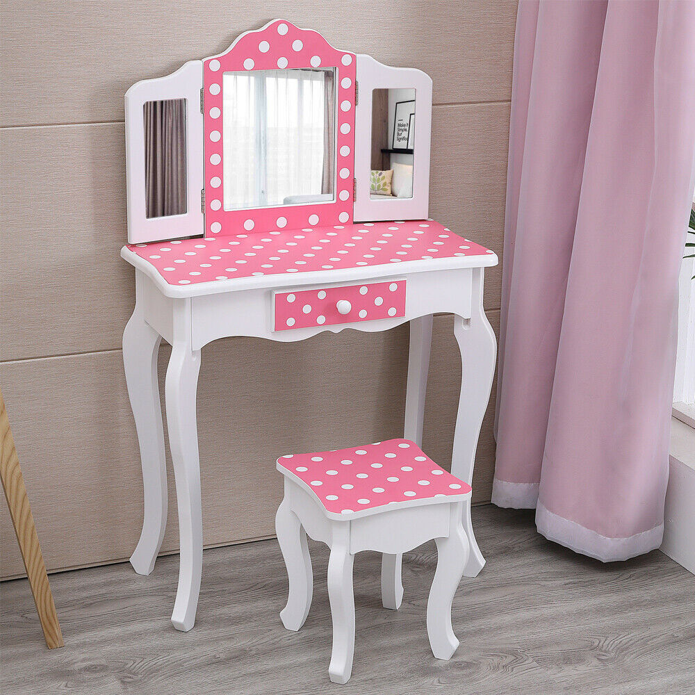 Vanity Table Set Makeup Dressing Table Kids Girls Stool Mirror with Drawer Pink