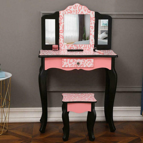 Kids Vanity Wooden Makeup Table Set for Girls Princess Three-Fold Mirror Dresser