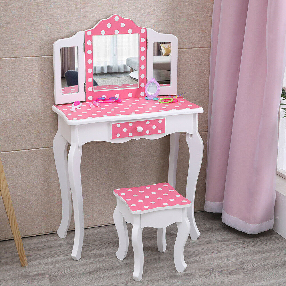 Vanity Table Set Makeup Dressing Table Kids Girls Stool Mirror with Drawer Pink