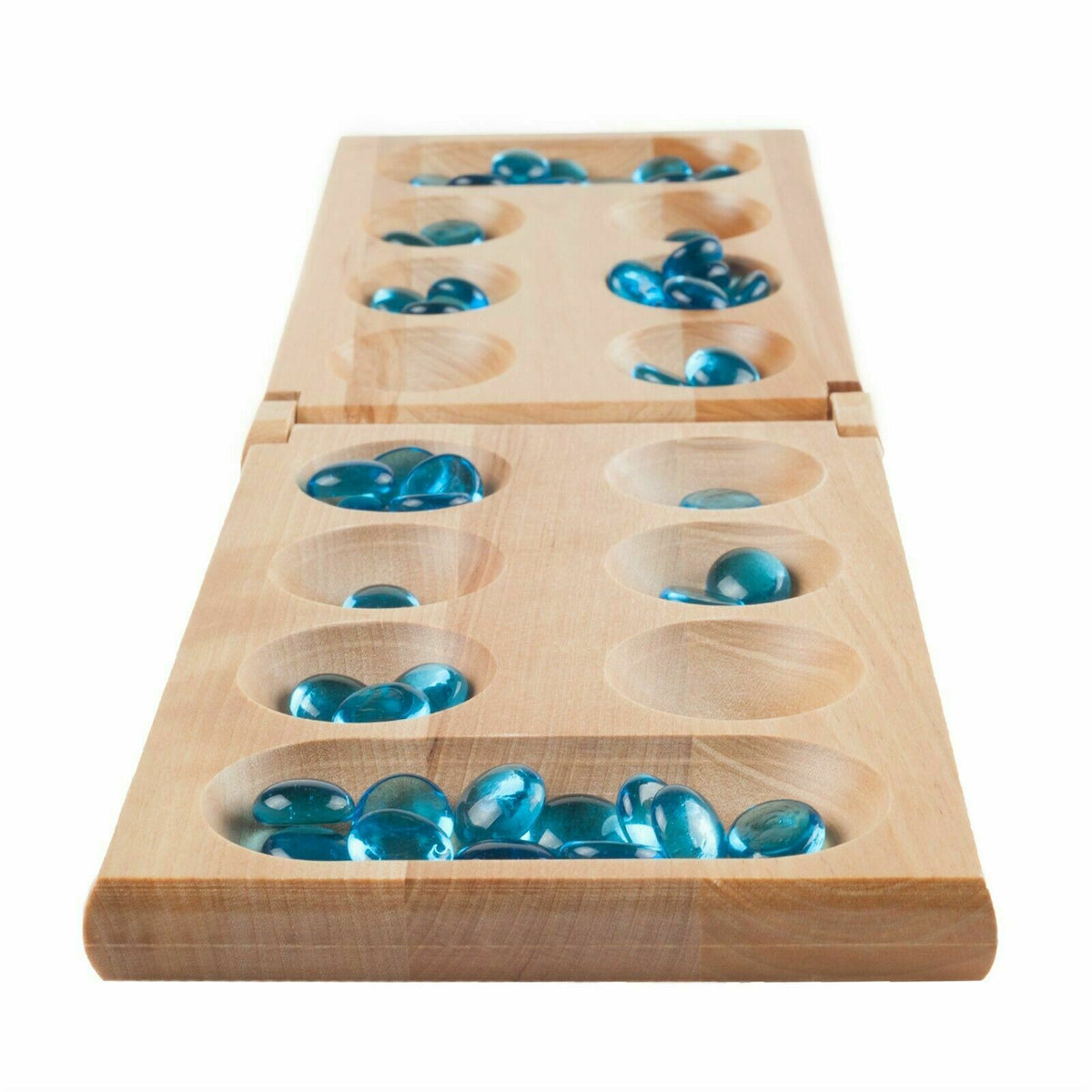 Folding Wooden Mancala Game with Blue Stones and Instructions